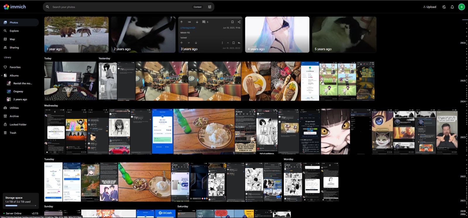 The Immich photo library UI, self-hosted and showing ~4 TB of personal photos indexed and searchable.