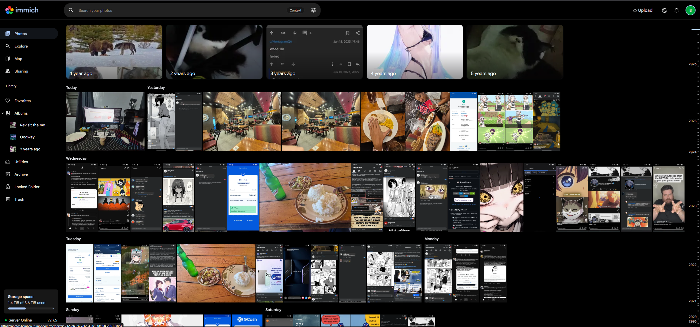 The Immich photo library UI, self-hosted and showing ~4 TB of personal photos indexed and searchable.