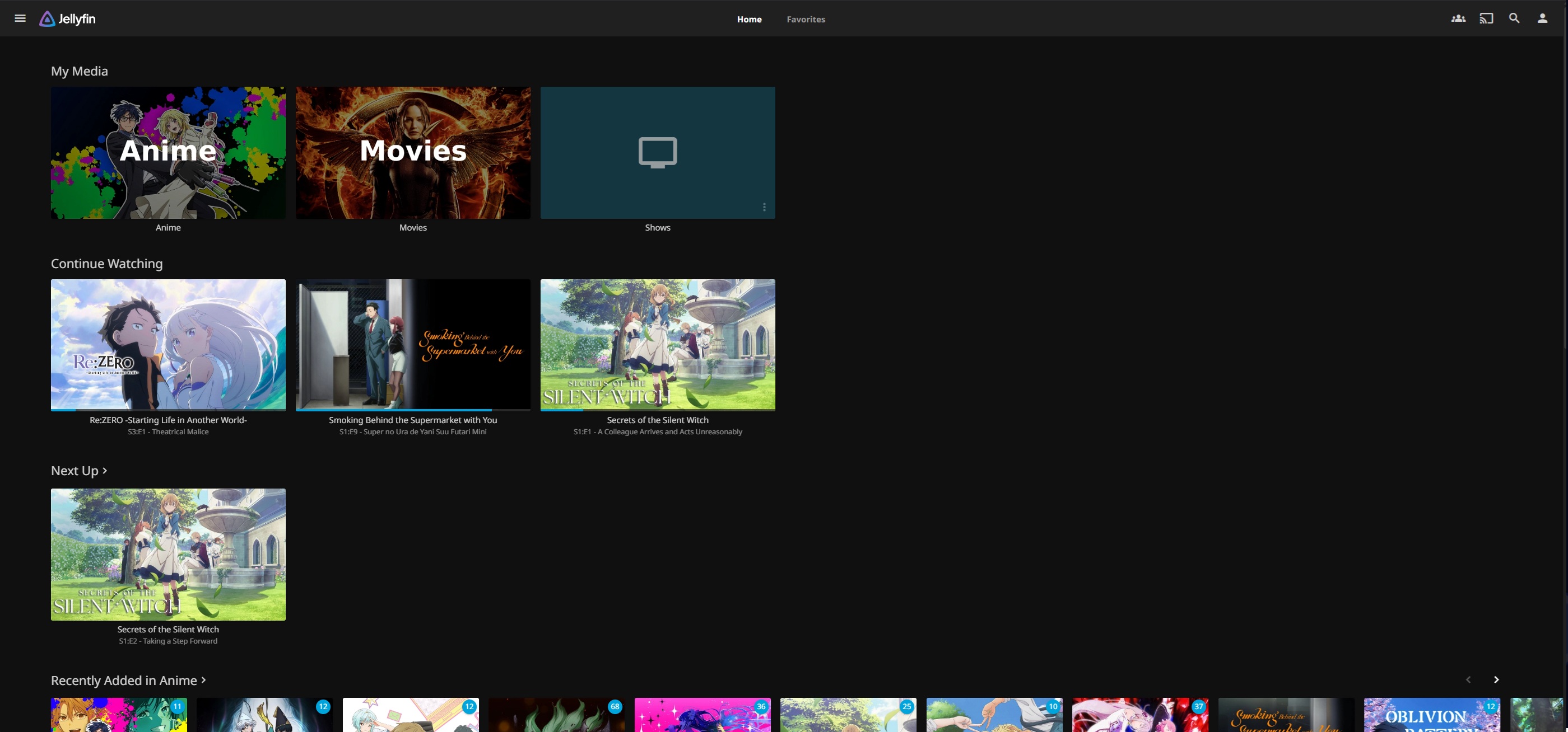 The Jellyfin home screen with Anime and Movies libraries set up on a local server.