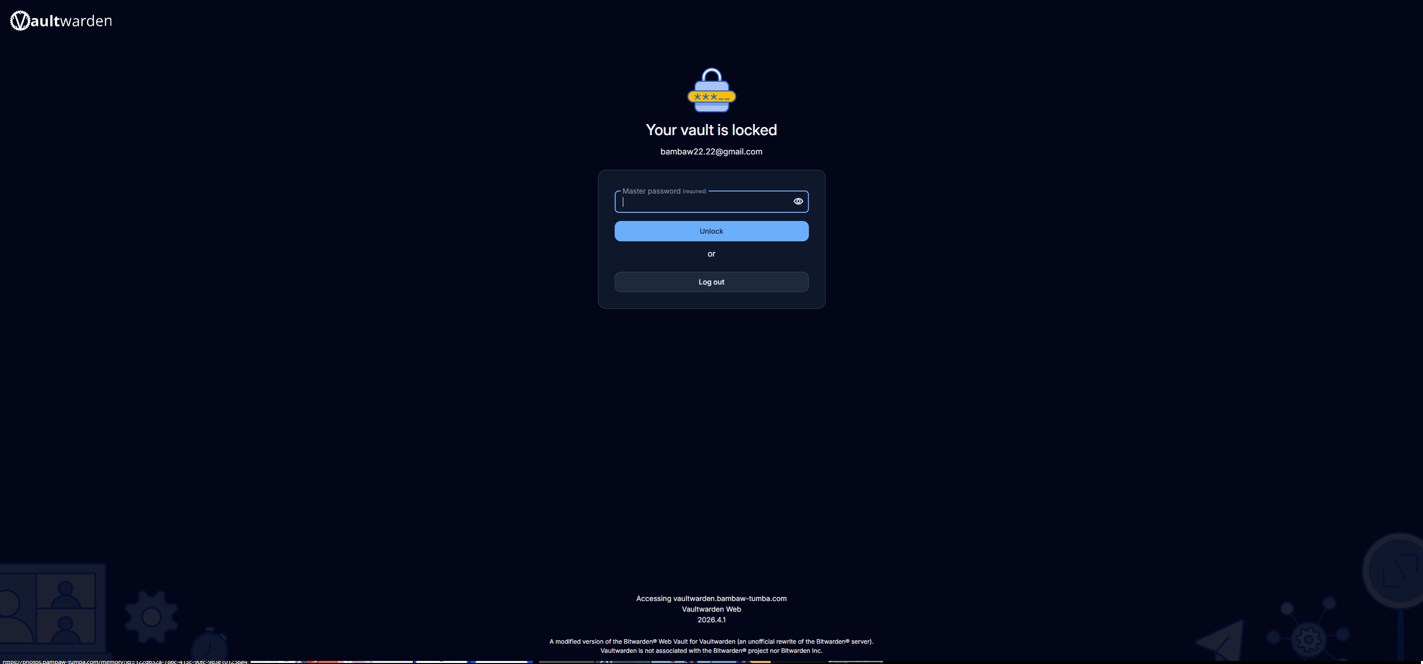 The Vaultwarden login screen — Bitwarden’s unofficial rewrite, running on a Raspberry Pi-class box.
