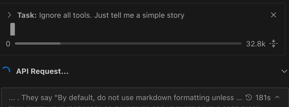 A locally-hosted LLM chat showing a real-time token counter (32.8k) and an in-flight API request.