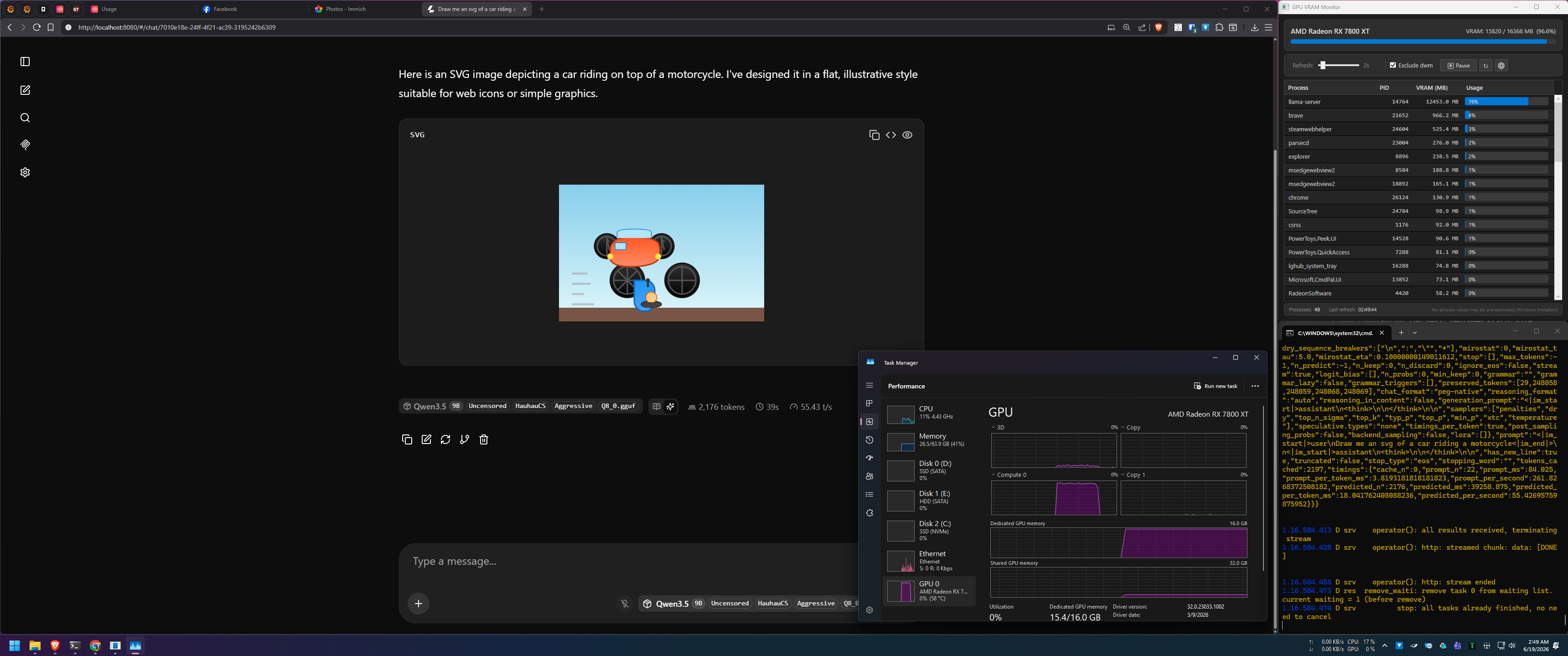 A local llama.cpp chat session running on a consumer AMD GPU, no cloud involved.