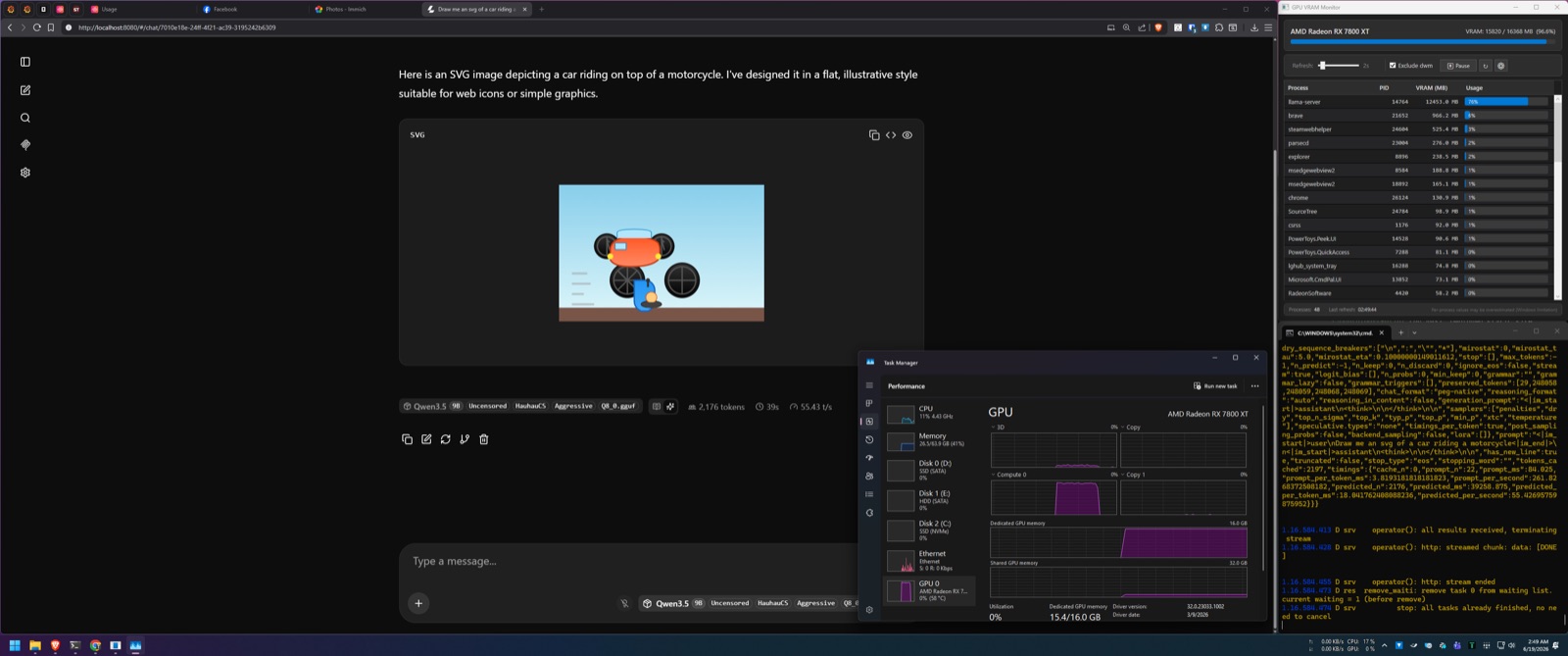 A local llama.cpp chat session running on a consumer AMD GPU, no cloud involved.
