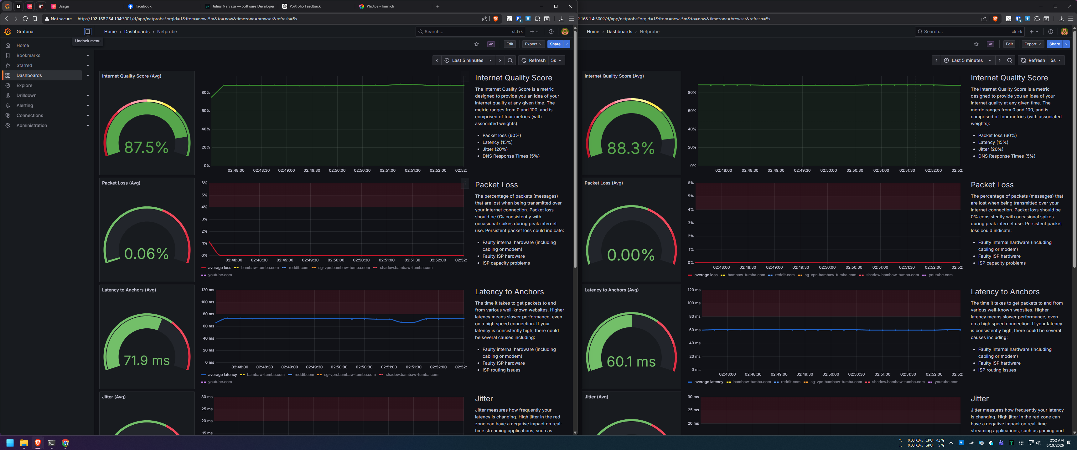 NetworkWatcher Grafana dashboard showing ISP latency and uptime per ISP.
