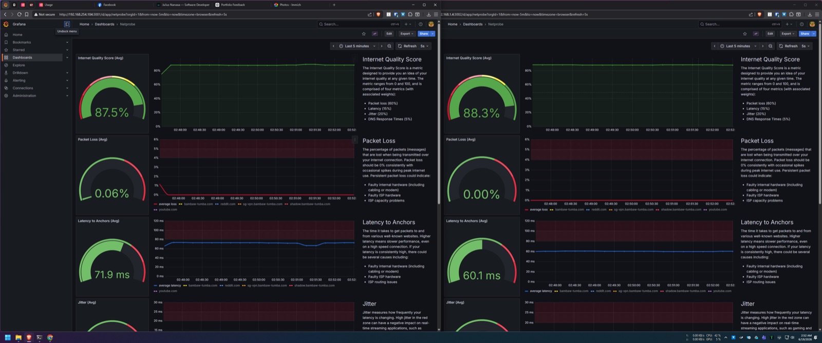 NetworkWatcher Grafana dashboard showing ISP latency and uptime per ISP.