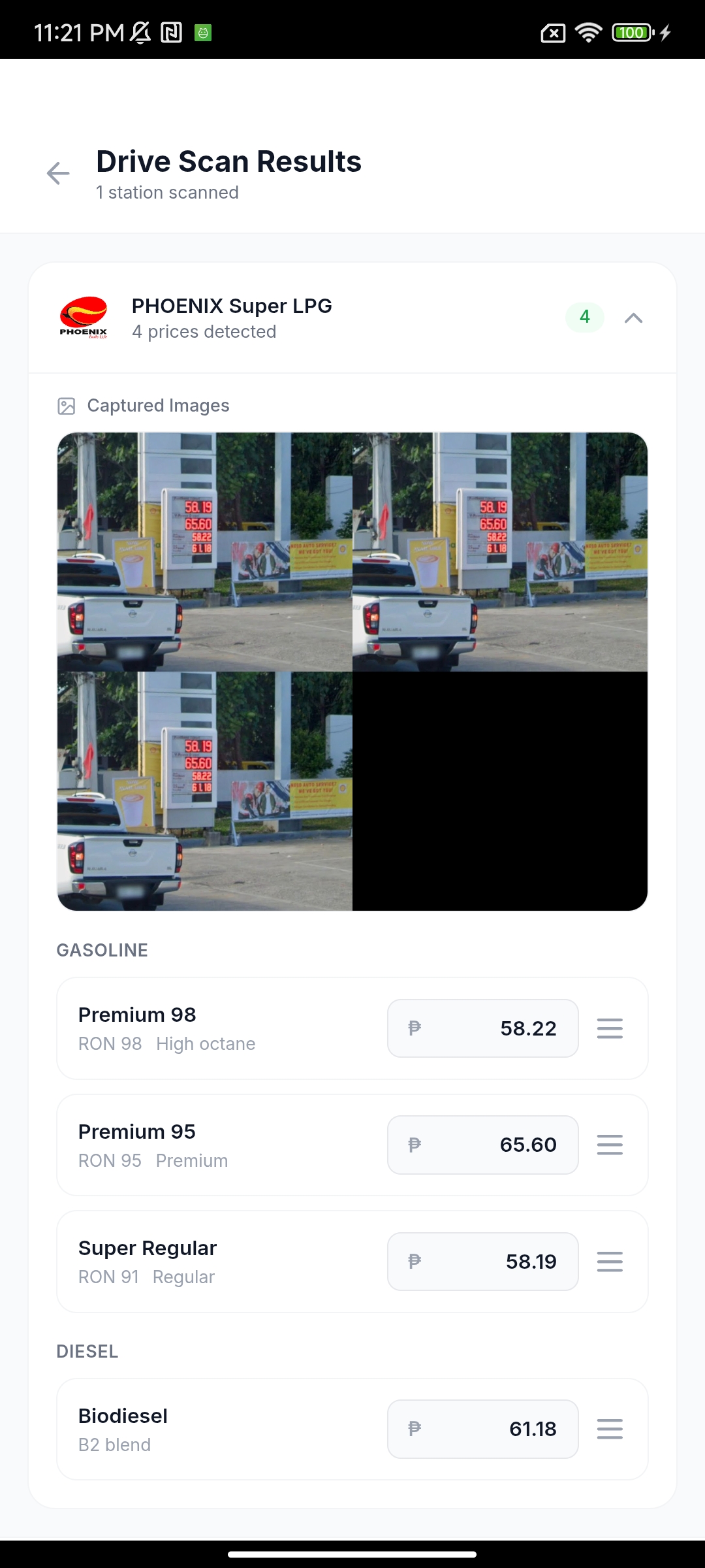 Re-Fuel app showing detected gas prices for a Phoenix Super LPG station — Premium 98, Premium 95, Super Regular, and Biodiesel.