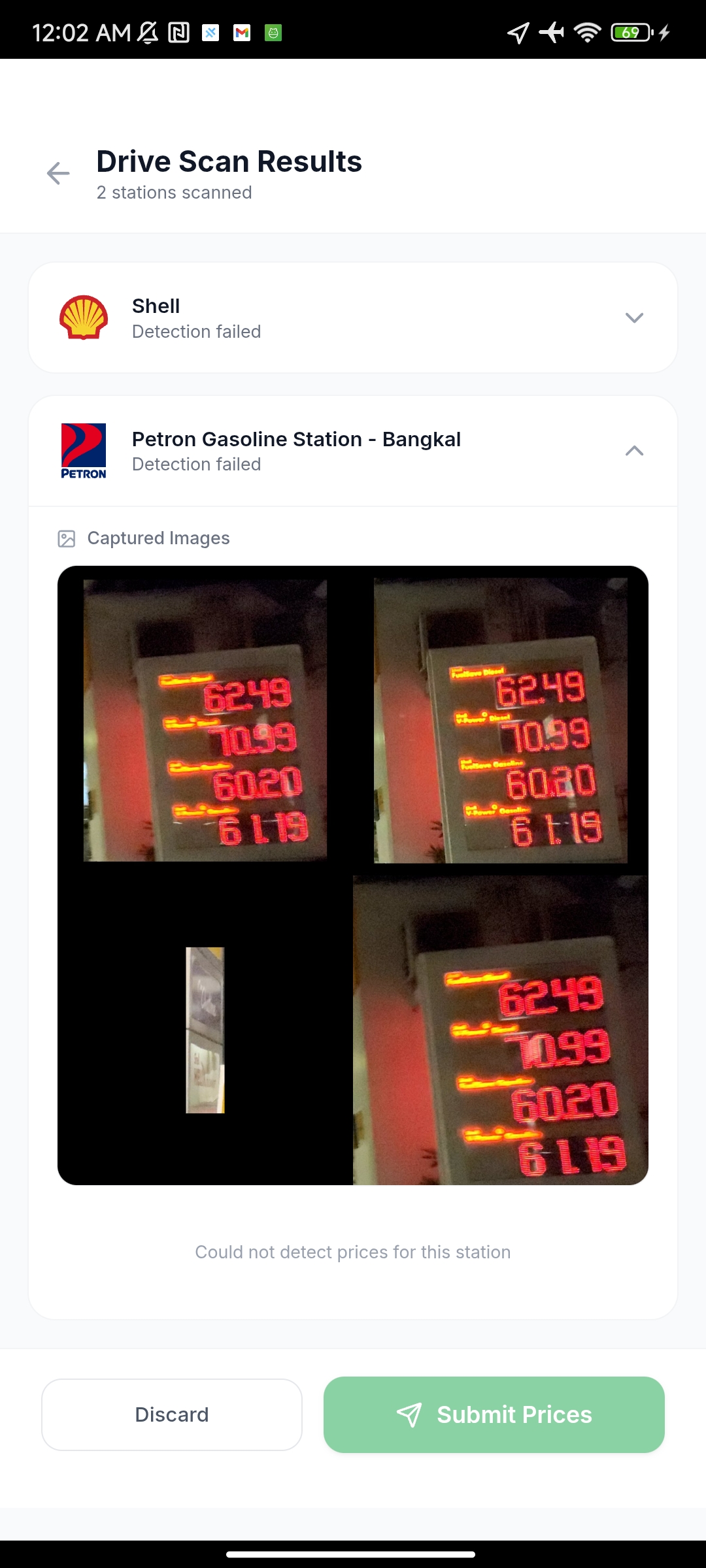 A Re-Fuel scan result with detection failed on both stations — honest documentation of the OCR’s bad days.