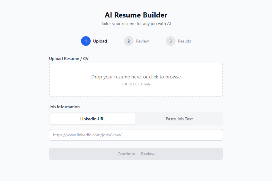 AI Resume Builder upload step showing file drag-and-drop interface