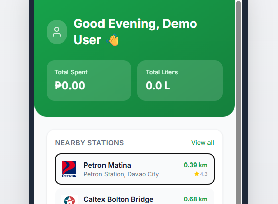Re-Fuel mobile app home screen showing gas station price tracking