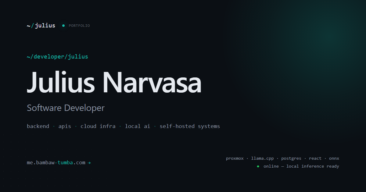 Julius Narvasa portfolio site showing developer dashboard aesthetic